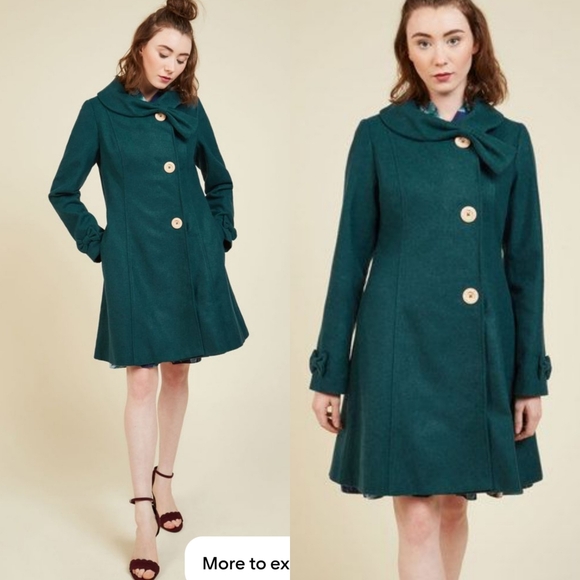 Modcloth Womens Teal Jewel Emerald Train Travel Bow Accent Jacket Coat Size M - Picture 1 of 10